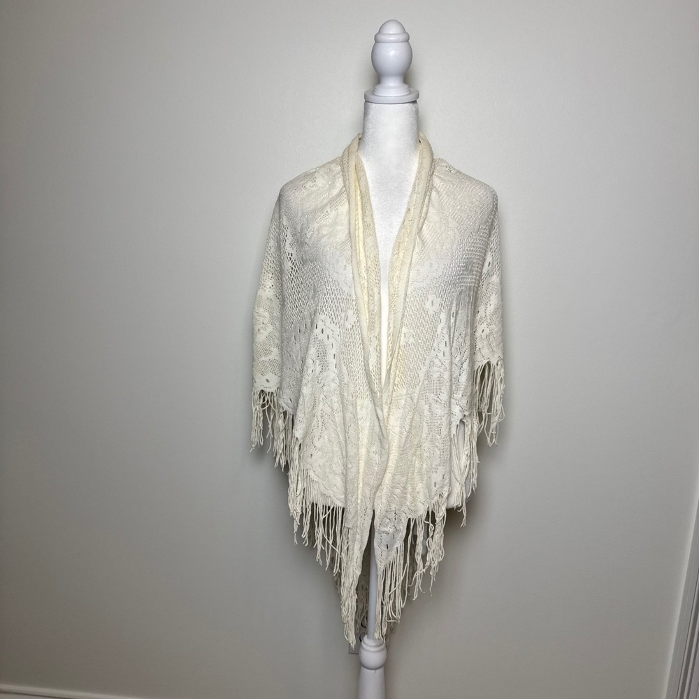 Vintage Cream Fringe Shawl Wrap Tapestry Sheer Boho Festival OS Ethereal Fairy